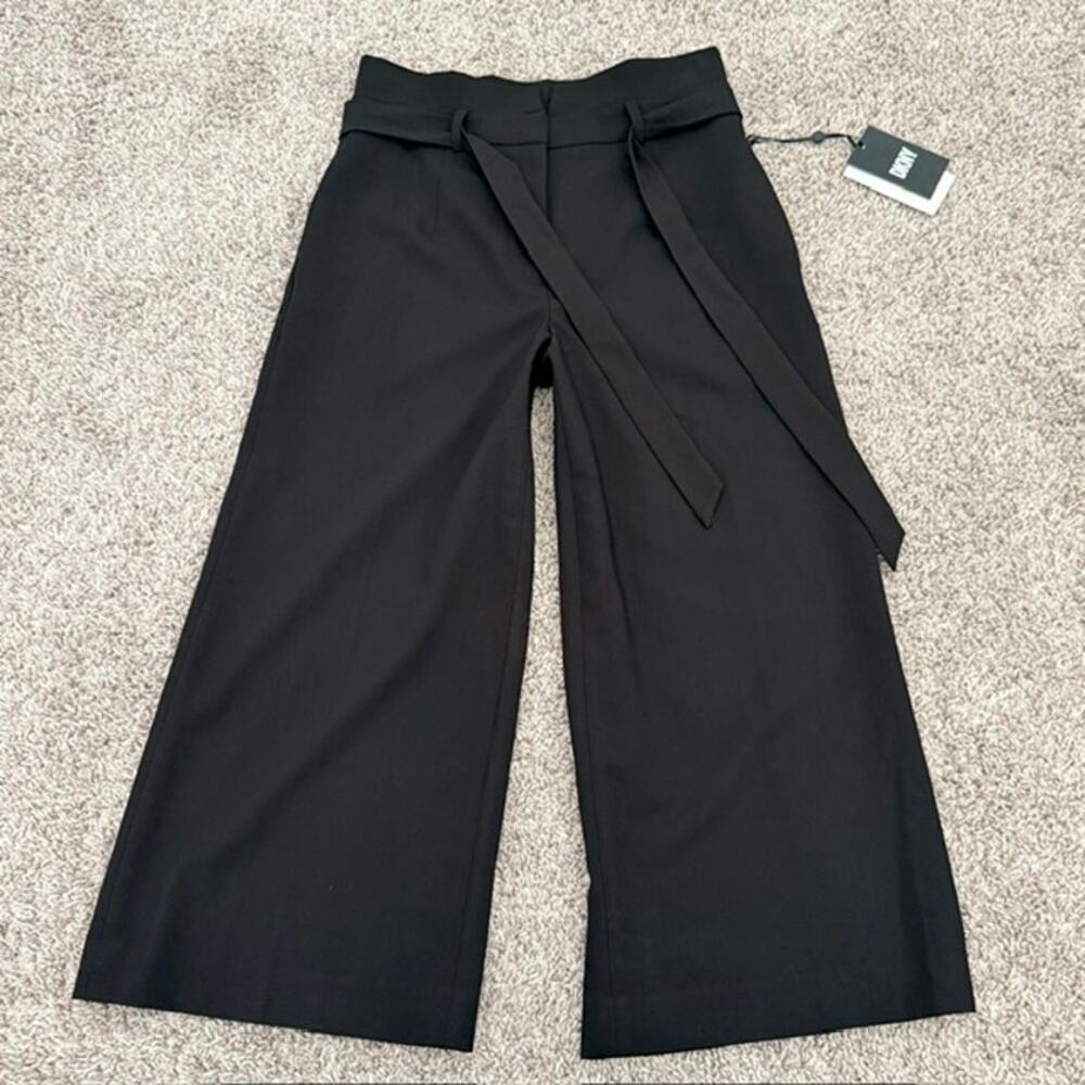 DKNY Wide Leg Cropped Pants Black Capri Women's 4P Pockets Zip Close + Tie NWT